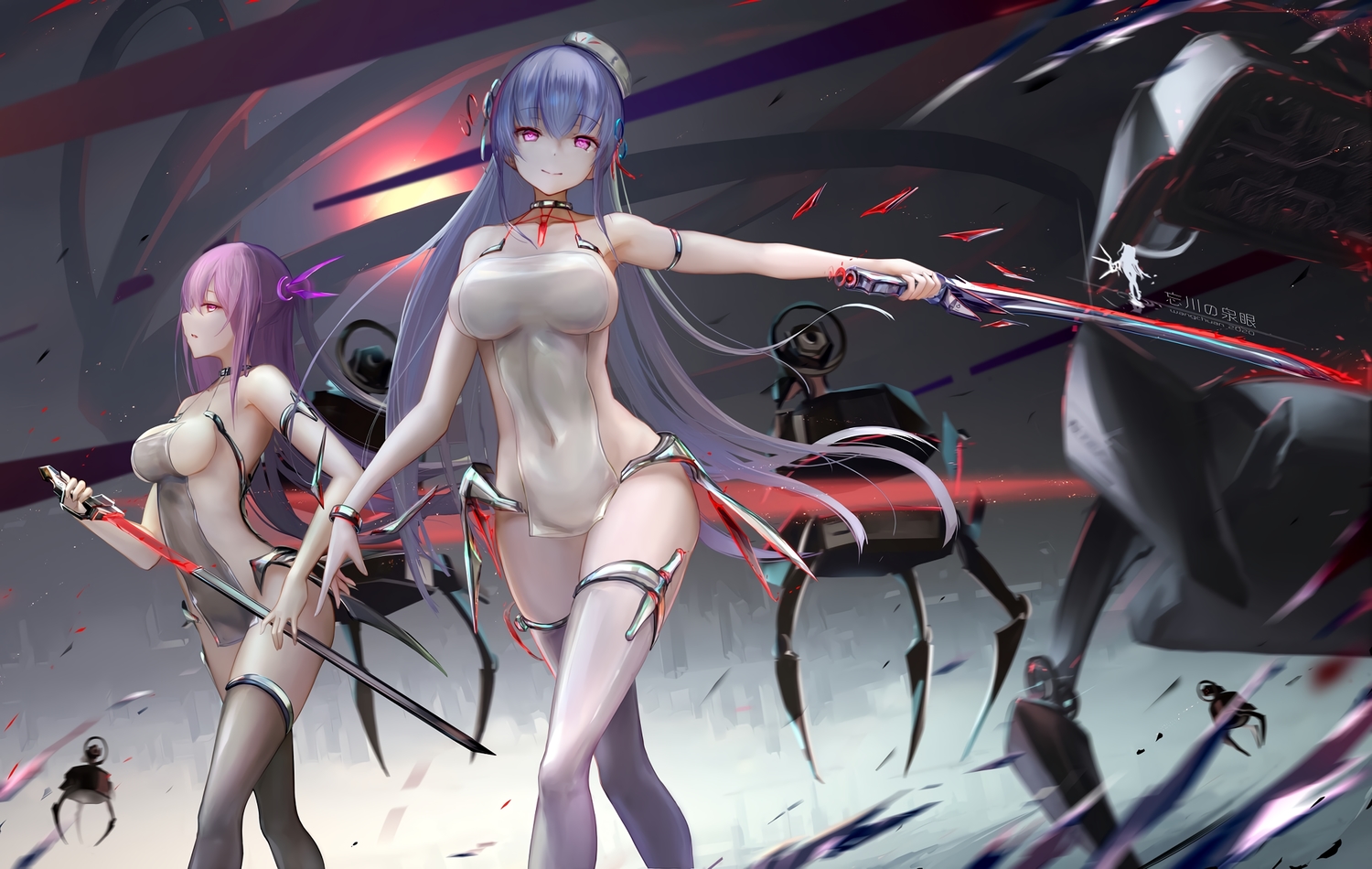 2girls, blue_hair, breasts, dress, hat, long_hair, no_bra, nopan