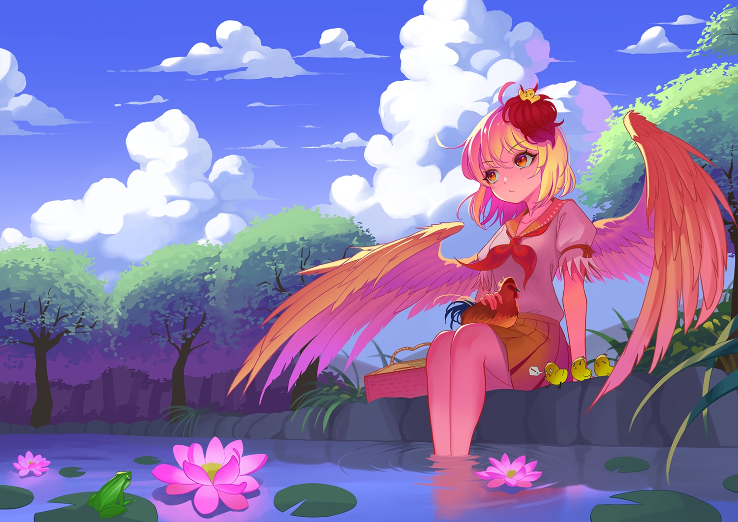 animal, bird, blonde_hair, frog, niwatari_kutaka, recare, red_eyes, school_uniform, short_hair, touhou, wings