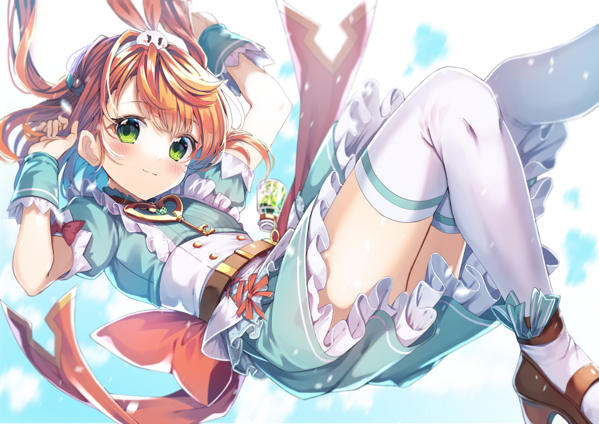 blush, dress, flat_chest, garter, green_eyes, gurasion_(gurasion), inosaki_rino, lolita_fashion, long_hair, orange_hair, princess_connect!, thighhighs