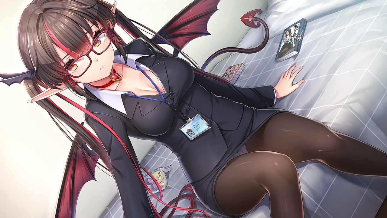 akasaai, bed, blush, book, breasts, brown_hair, choker, cleavage