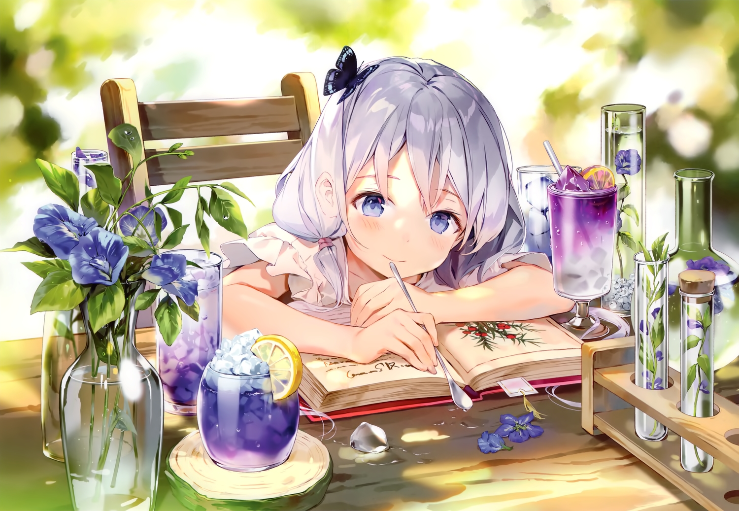 blue_eyes, blush, book, drink, flowers, gilse, gray_hair, leaves, loli, original, scan