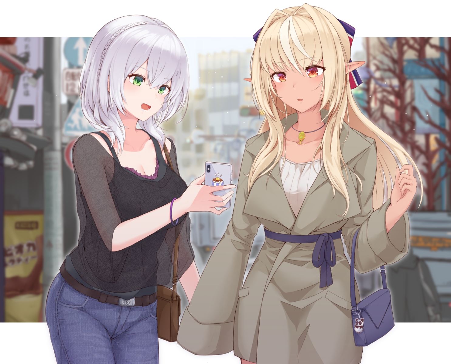 2girls, aliasing, blonde_hair, braids, cropped, dark_skin, dress, gray_hair