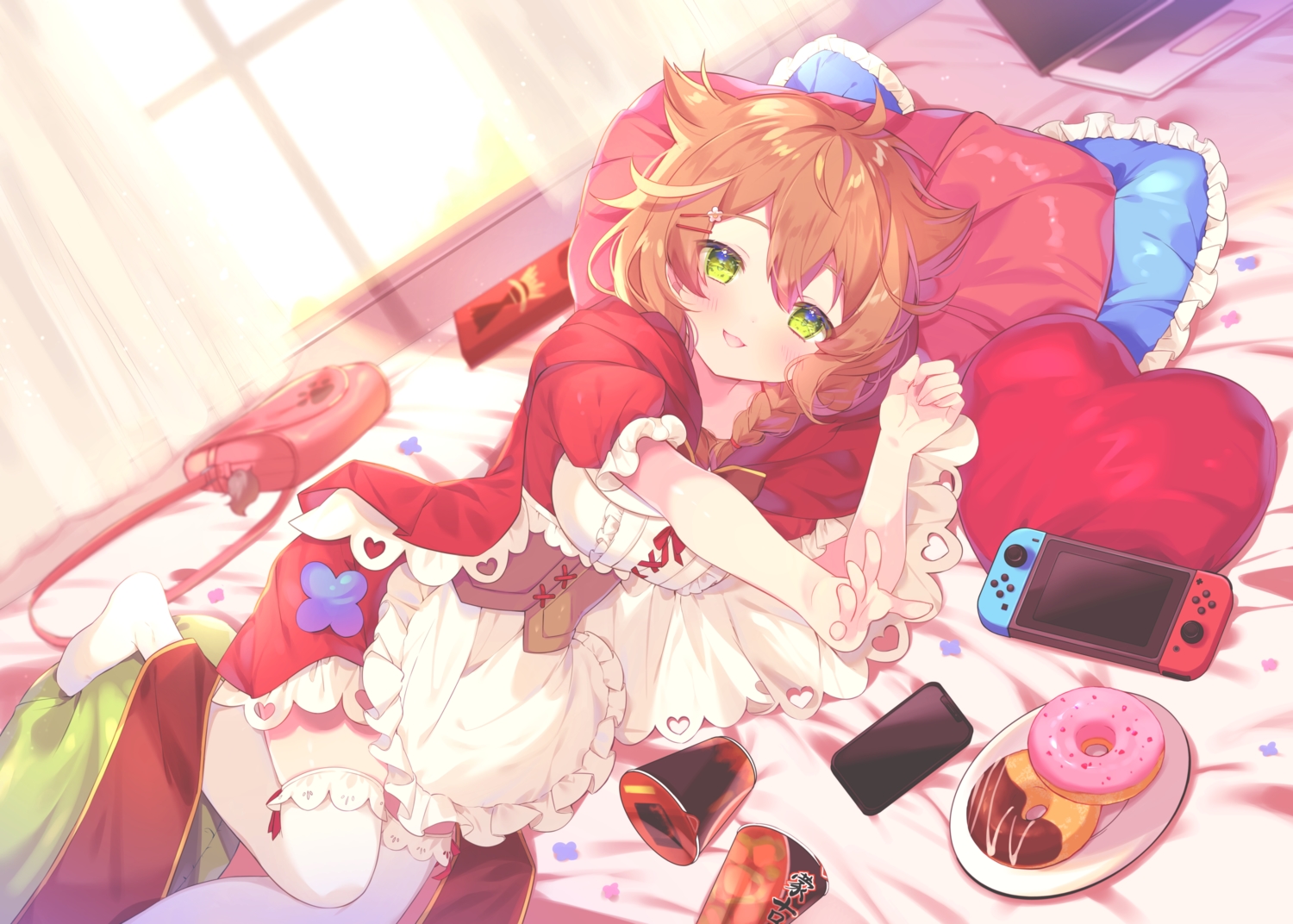 apron, bed, blush, braids, brown_hair, cat_smile, computer, corset, food, game_console, green_eyes, hood, long_hair, nijisanji, phone, pocky, ponytail, suzuhara_(szhr_1103), thighhighs, warabeda_meijii