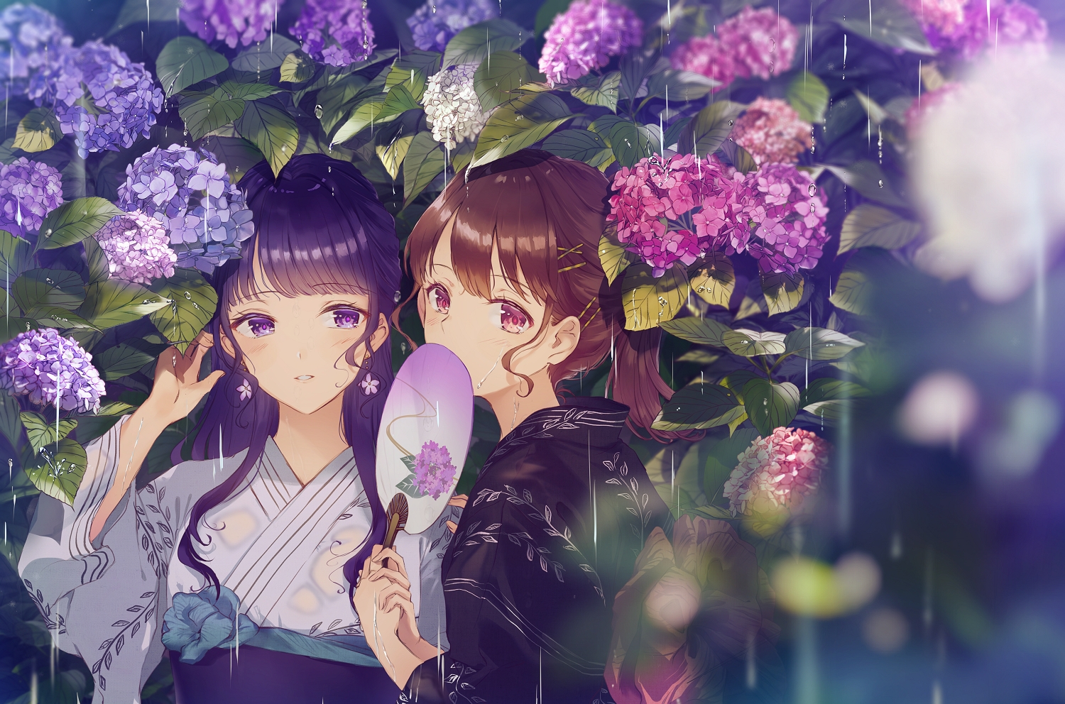2girls, aliasing, blush, brown_hair, fan, flowers, japanese_clothes, kusaka_kou