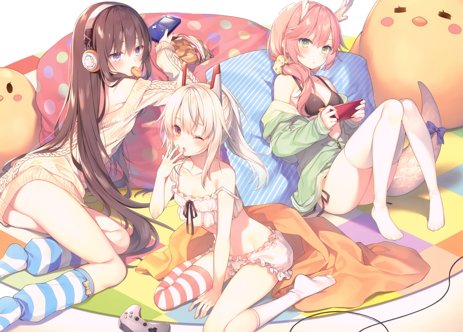 anthropomorphism, ayanami_(azur_lane), azur_lane, bloomers, food, game_console, headphones, hood, long_island_(azur_lane), manjuu_(azur_lane), ryuujou_(azur_lane), scan, toosaka_asagi