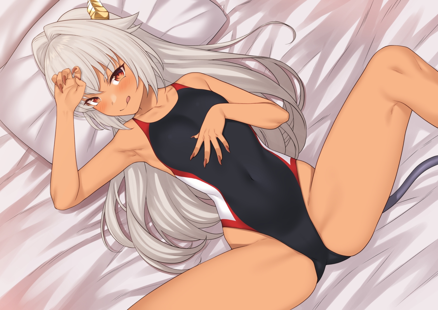 blush, dark_skin, enjou_kouhai_oshiego_wa_elf_ryuu_ningyo_jinrou, gray_hair, horns, long_hair, red_eyes, spread_legs, swimsuit, takunomi, ursula_(takunomi)
