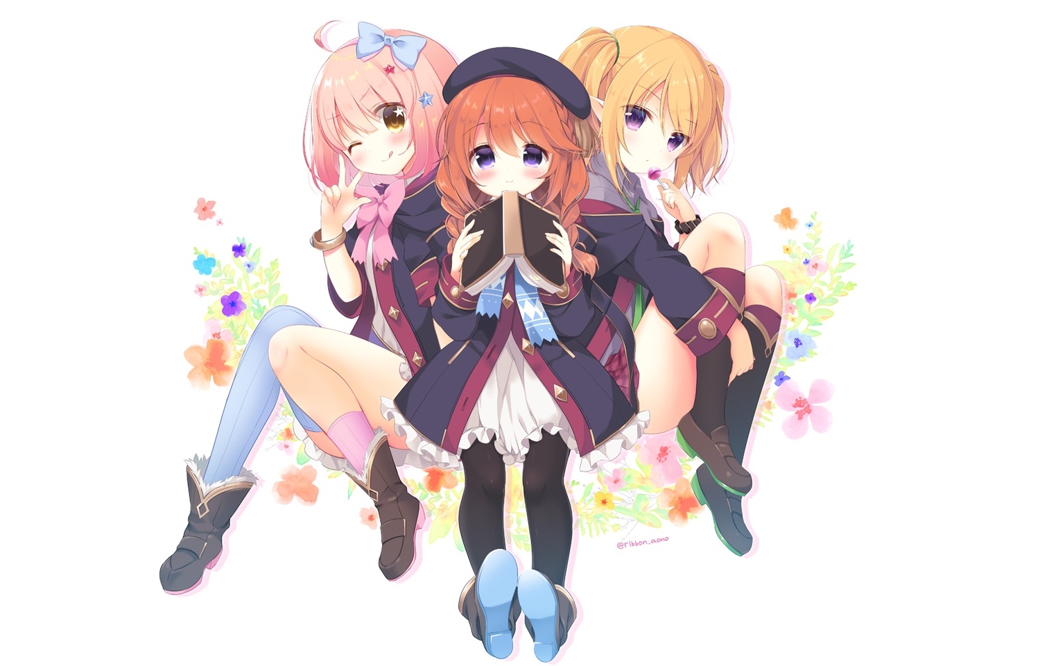 aono_ribbon, blonde_hair, blue_eyes, blush, book, boots, bow, braids