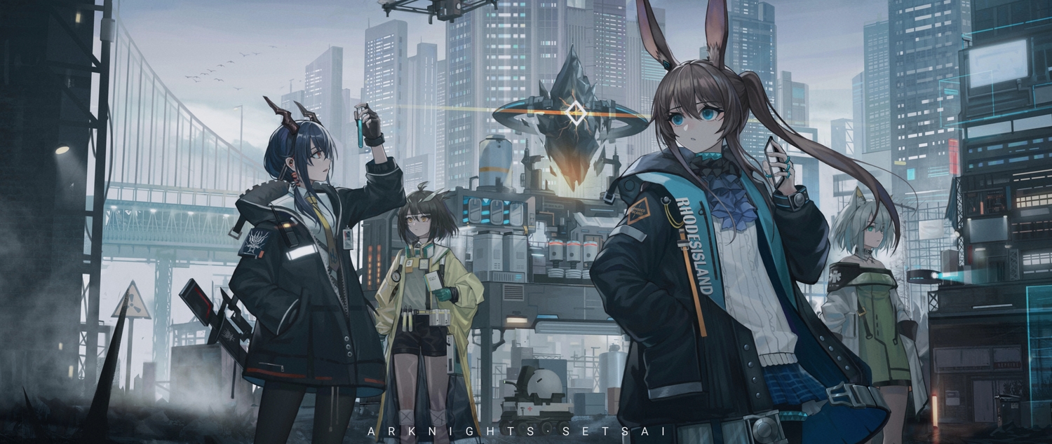 amiya_(arknights), animal_ears, arknights, building, bunny_ears, bunnygirl, catgirl, ch'en_(arknights), glasses, horns, kal'tsit_(arknights), lancet-2, silence_(arknights), zhai