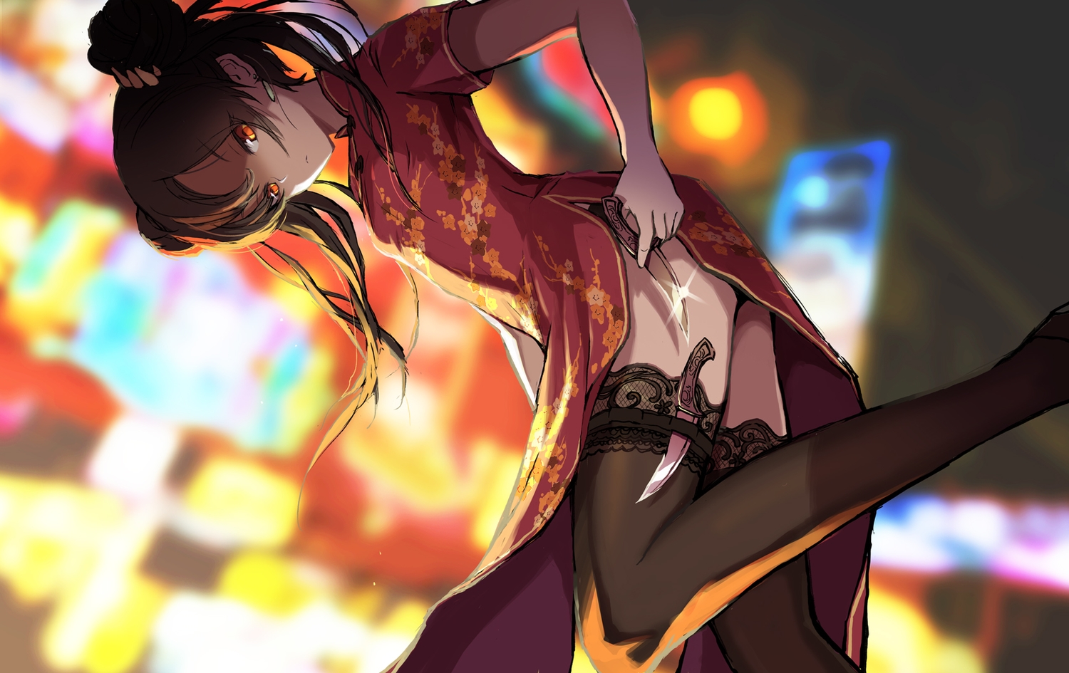 brown_hair, chinese_clothes, chinese_dress, dress, knife, long_hair, orange_eyes, original
