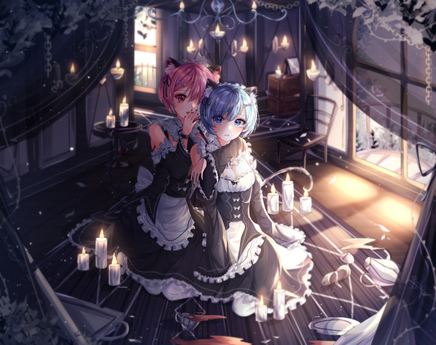 2girls, animal_ears, aqua_eyes, blue_eyes, blue_hair, blush, catgirl, headband, maid, purple_hair, ram_(re:zero), rem_(re:zero), re:zero_kara_hajimeru_isekai_seikatsu, short_hair, tail, twins, wine_(2148_wine)