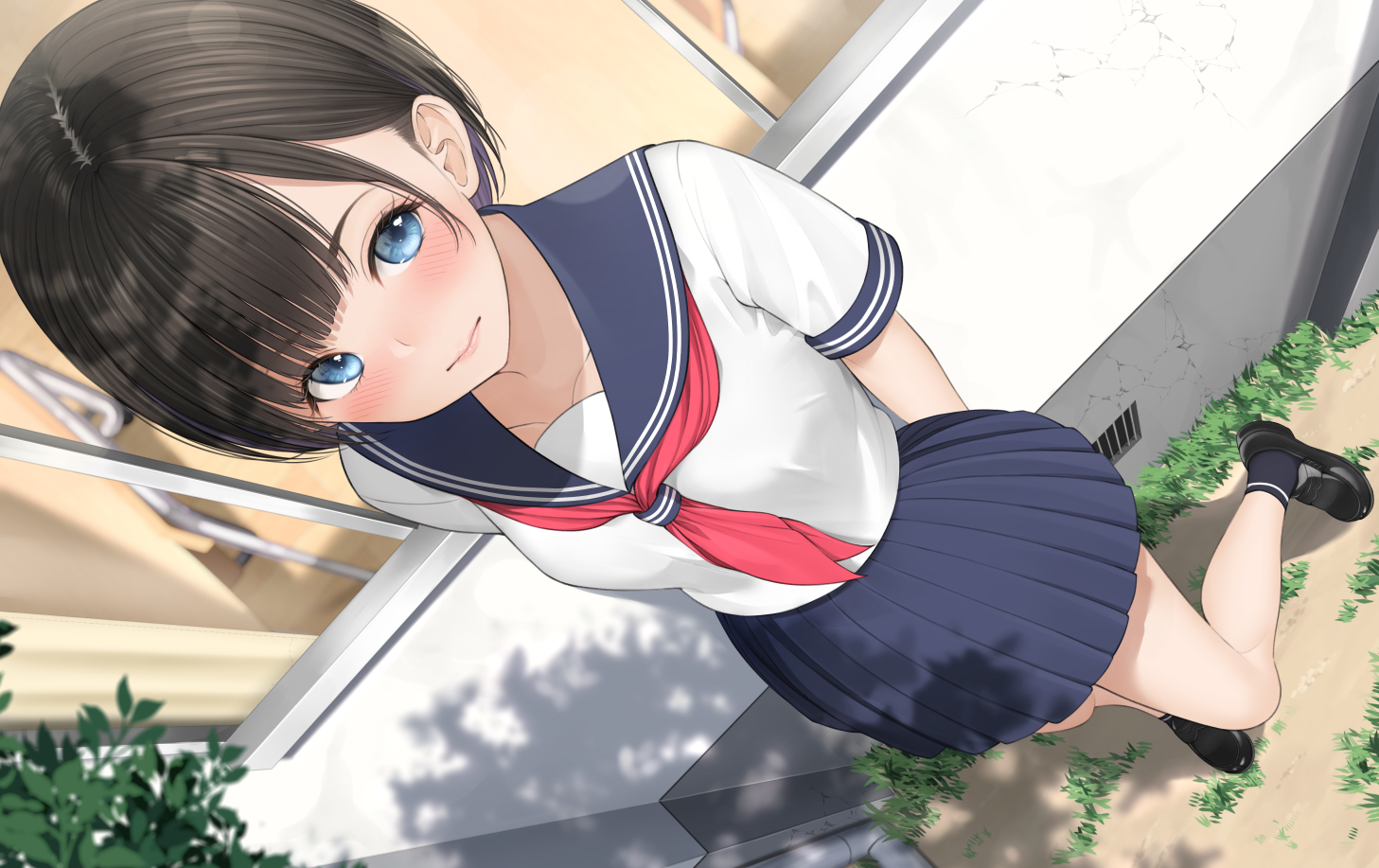black_hair, blue_eyes, blush, mottsun, original, school_uniform, short_hair, skirt
