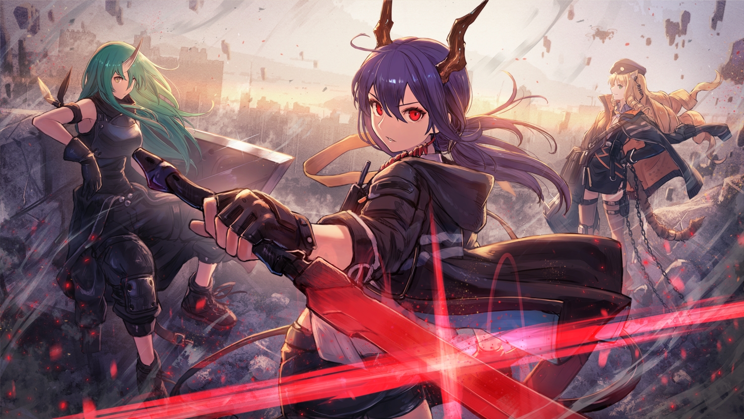 animal_ears, arknights, blonde_hair, blue_hair, brown_eyes, catgirl, chain, ch'en_(arknights)