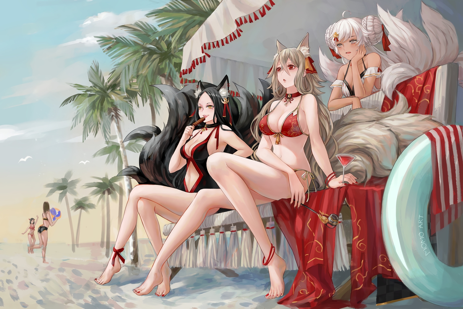 animal_ears, anthropomorphism, azur_lane, barefoot, beach, black_hair, blush, braids, brown_hair, choker, clouds, drink, fang, food, foxgirl, gray_eyes, gray_hair, ice_cream, long_hair, momo_art, multiple_tails, musashi_(azur_lane), navel, original, red_eyes, shinano_(azur_lane), sky, swim_ring, tagme_(character), tail, tree, yamato_(azur_lane)