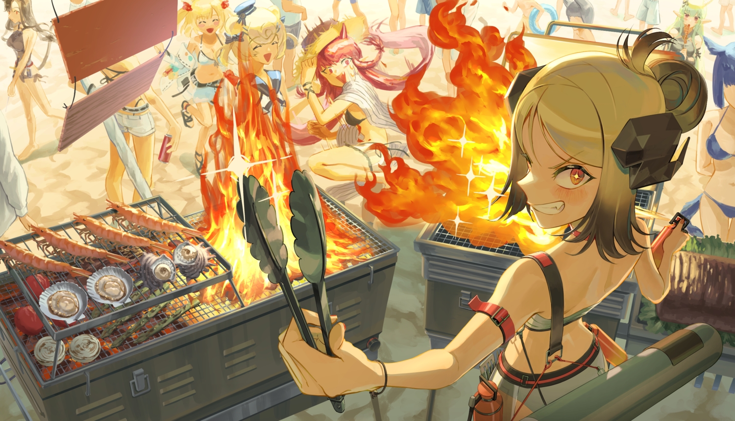 arknights, bikini, demon, fire, food, group, gummy_(arknights), horns
