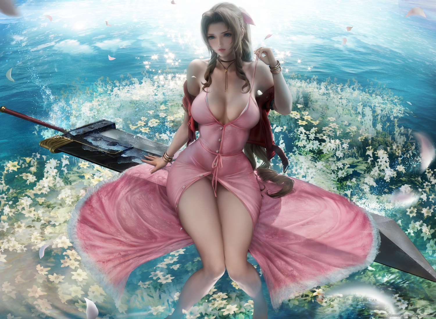 aerith_gainsborough, blush, braids, breasts, dress, final_fantasy, final_fantasy_vii, flowers, green_eyes, long_hair, panties, ponytail, realistic, sakimichan, sword, underwear, watermark, weapon