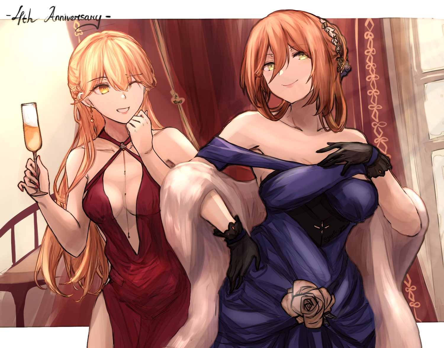 2girls, aliasing, anthropomorphism, blonde_hair, brown_hair, dress, drink, gazelle_jun, girls_frontline, gloves, green_eyes, long_hair, ots-14_(girls_frontline), springfield_(girls_frontline), wink, yellow_eyes