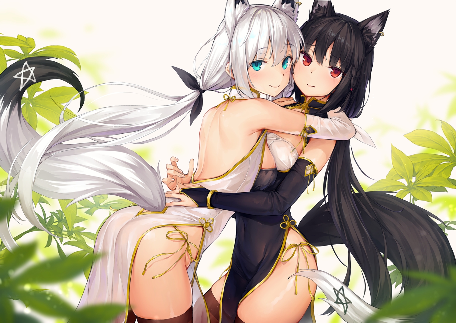 2girls, animal_ears, aqua_eyes, ass, black_hair, blush, braids, chinese_clothes, chinese_dress, dress, elbow_gloves, foxgirl, gloves, hololive, hug, kurokami_fubuki, long_hair, ponytail, red_eyes, shirakami_fubuki, sy4, tail, thighhighs, white_hair