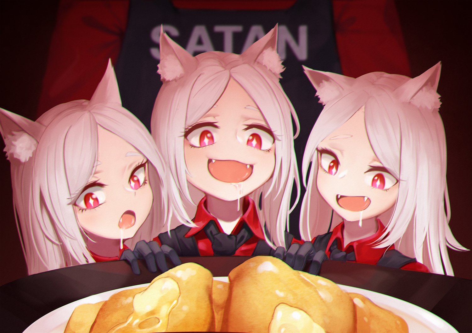animal_ears, cat_smile, cerberus_(helltaker), daydream_(zhdkffk21), doggirl, fang, food, gloves