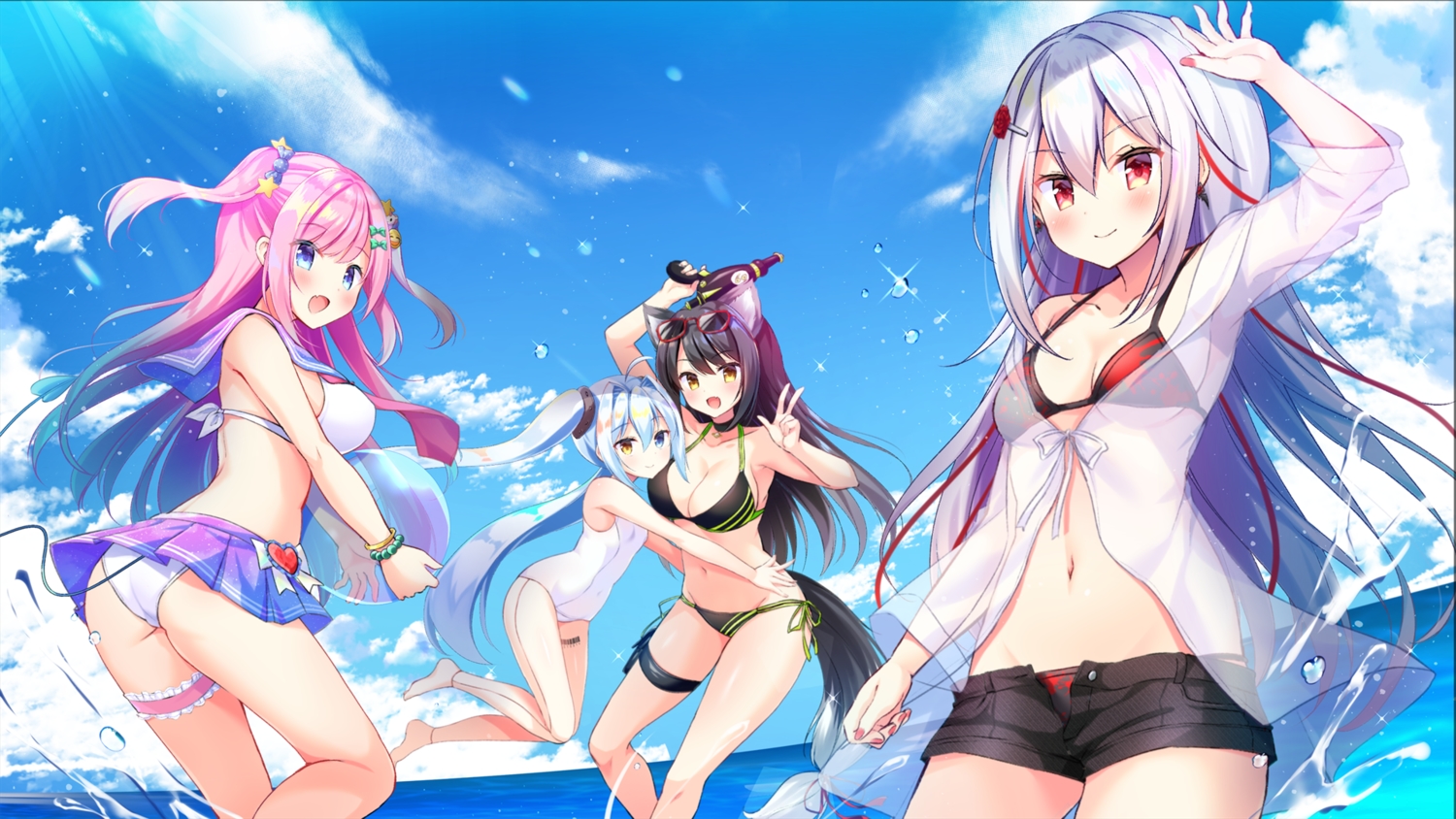 animal_ears, aqua_eyes, arisa_(kirakira_monstars), ass, ball, bicolored_eyes, bikini, black_hair