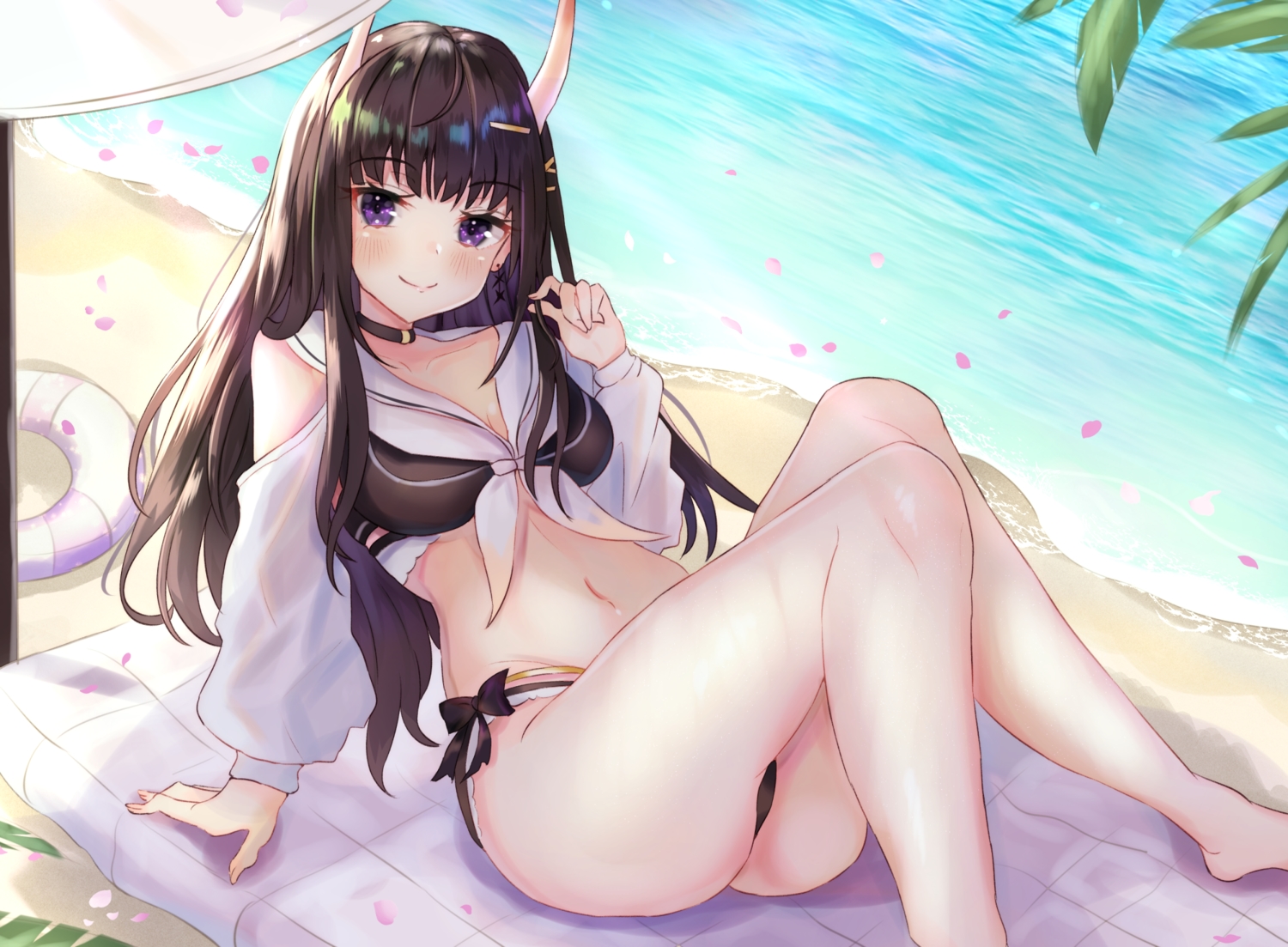 anthropomorphism, azur_lane, barefoot, beach, blush, brown_hair, cherry_blossoms, choker, demon, flowers, long_hair, navel, noshiro_(azur_lane), panipo, purple_eyes, swim_ring, water