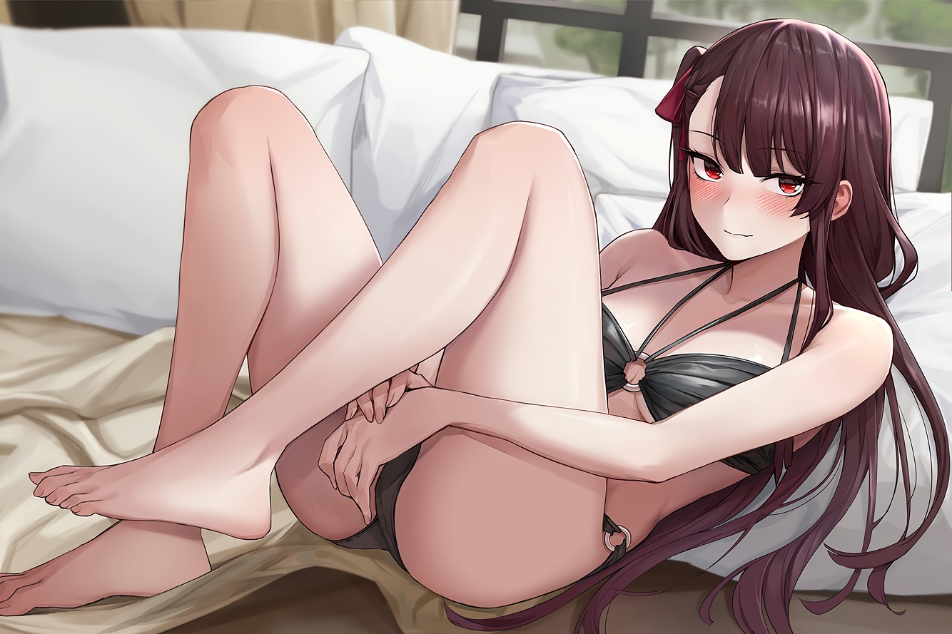 anthropomorphism, barefoot, bikini, blush, girls_frontline, hyury, long_hair, purple_hair