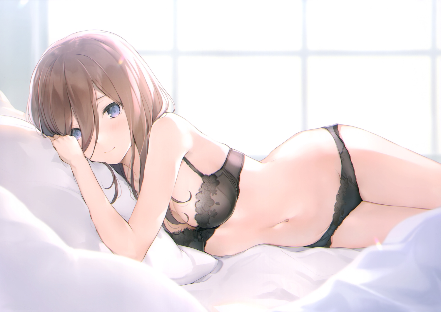 6u_(eternal_land), bed, blue_eyes, blush, bra, brown_hair, go-toubun_no_hanayome, nakano_miku