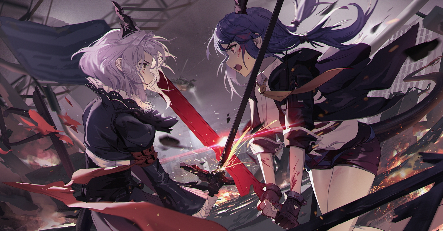 arknights, ch'en_(arknights), horns, long_hair, short_hair, sword, tail, talulah_(arknights), weapon, yetecong
