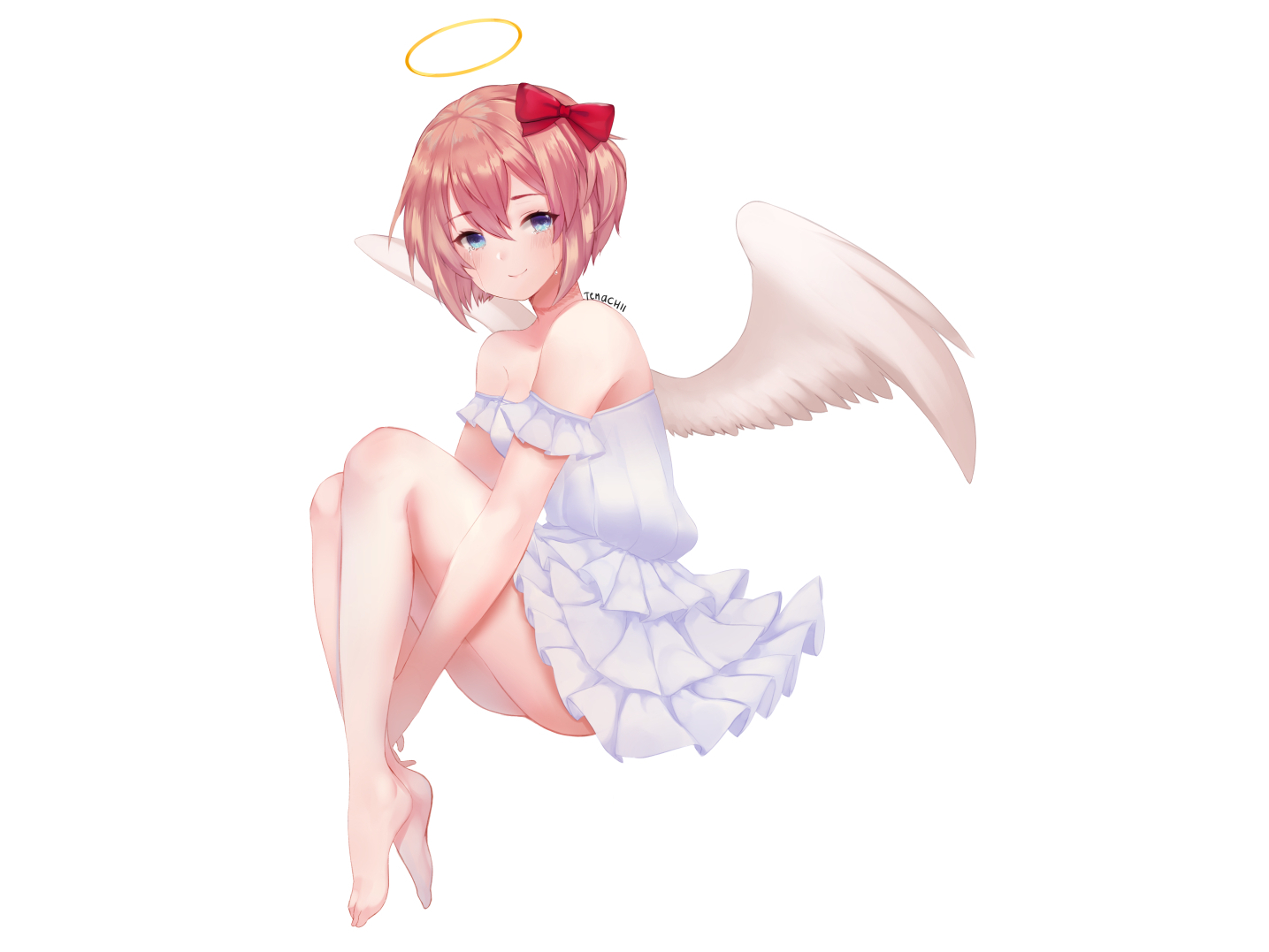 angel, aqua_eyes, barefoot, blush, bow, crying, doki_doki_literature_club!, halo