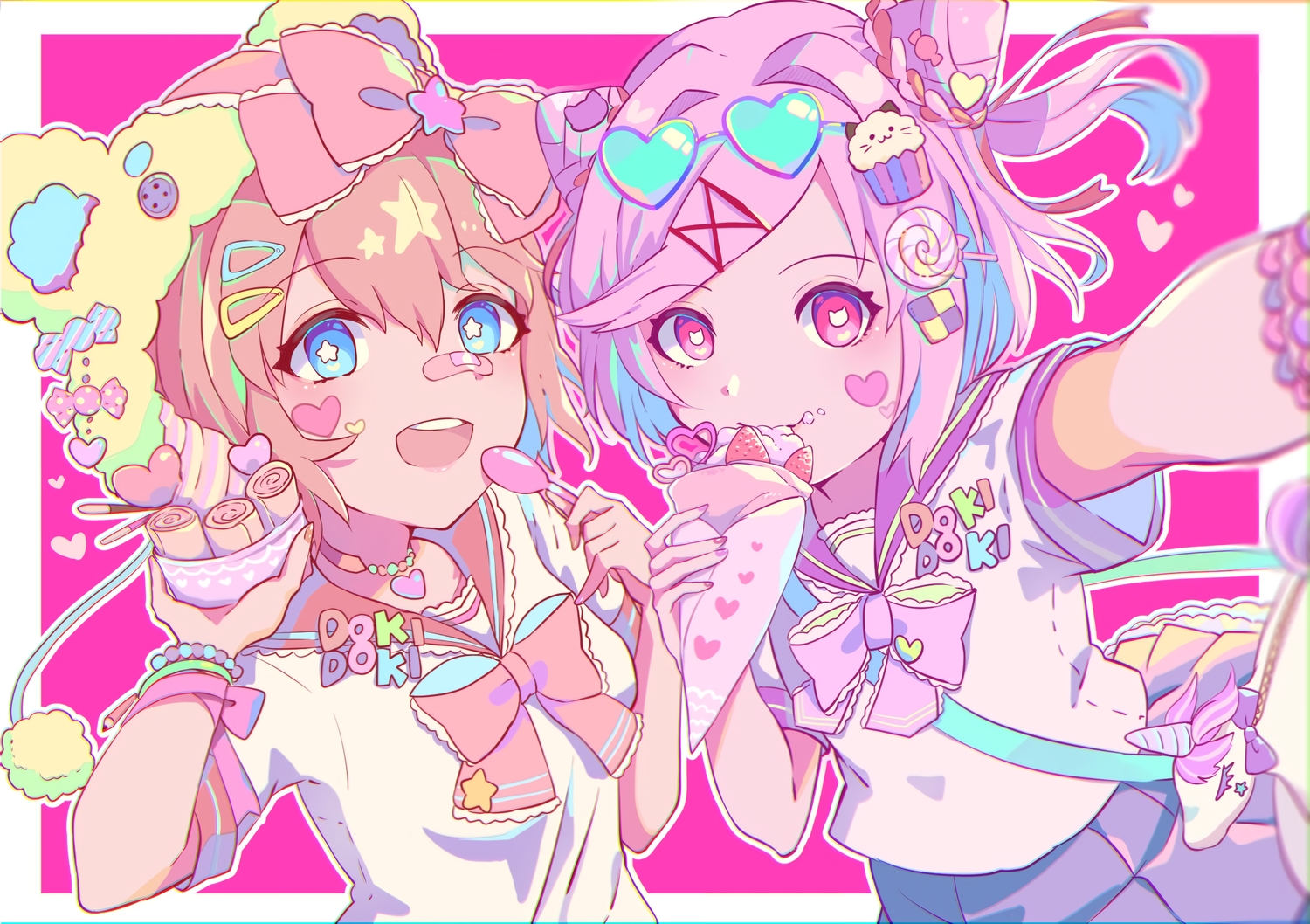 2girls, aqua_eyes, bandaid, bow, doki_doki_literature_club!, food, fruit, hat