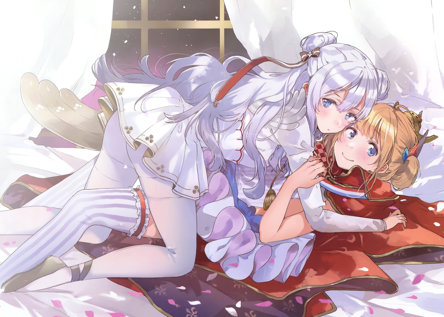 2girls, anthropomorphism, ass, azur_lane, blue_eyes, blush, brown_hair, dress, gray_hair, hug, le_malin_(azur_lane), le_triomphant_(azur_lane), panties, scan, shoujo_ai, tagme_(artist), thighhighs, underwear
