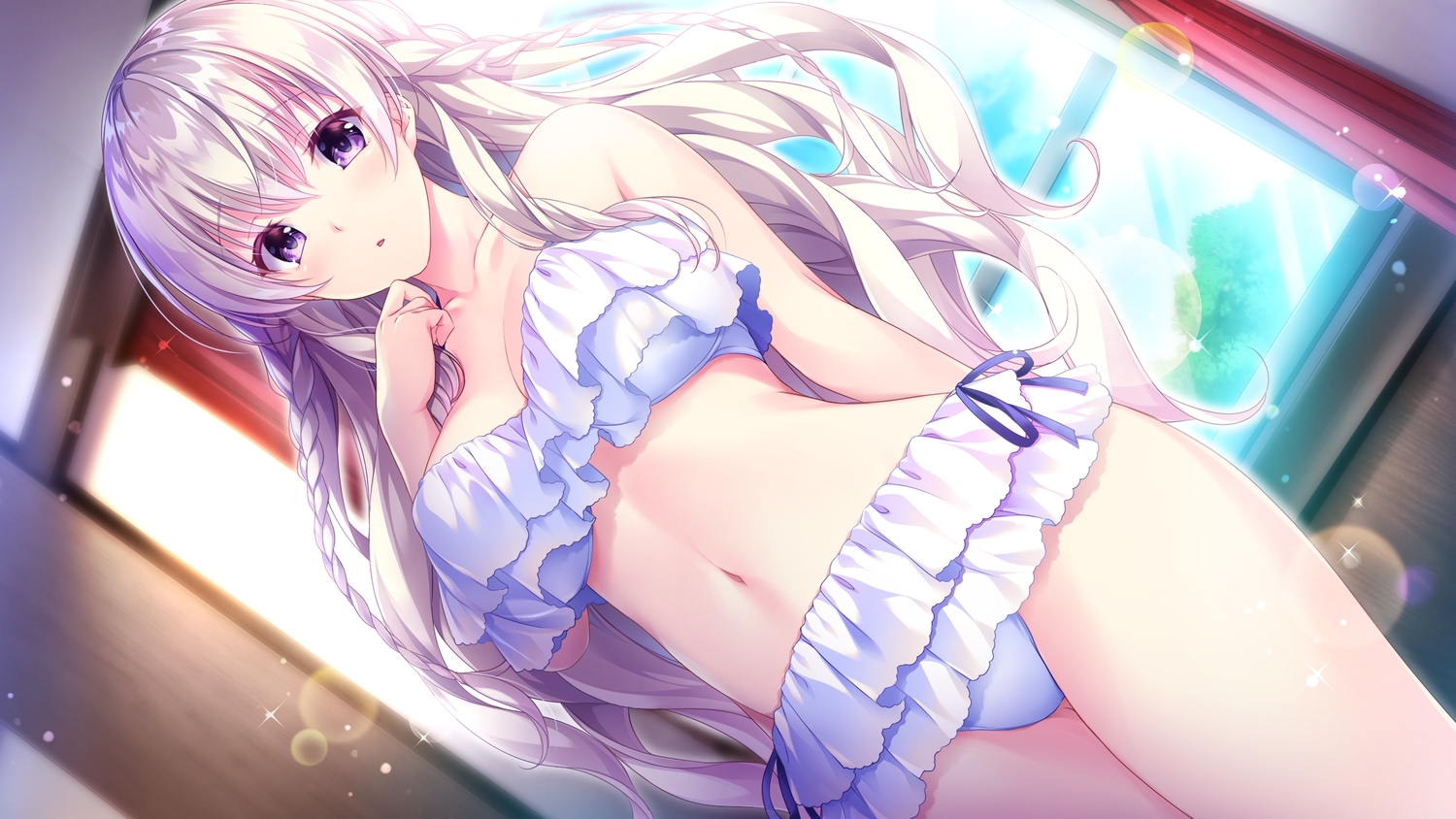 aliasing, bikini, blush, braids, ensemble_(company), game_cg, long_hair, navel, purple_eyes, renjouji_mai, secret_agent_~kishi_gakuen_no_shinobi_naru_mono~, swimsuit, tagme_(artist), white_hair