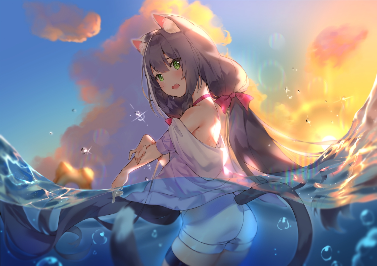 animal_ears, ass, black_hair, blush, catgirl, cheli_(kso1564), clouds, fang