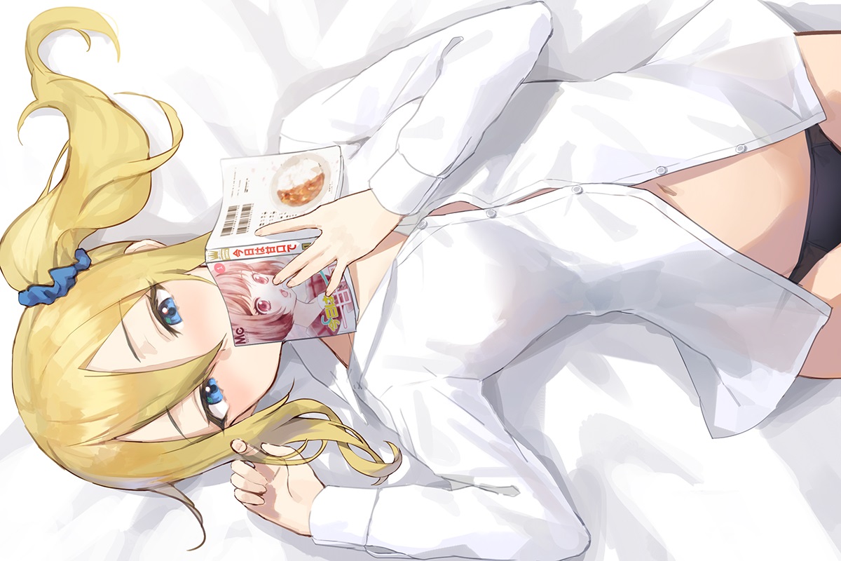 blonde_hair, blue_eyes, book, hayasaka_ai, kaguya-sama_wa_kokurasetai_~tensai-tachi_no_renai_zunousen~, long_hair, navel, open_shirt