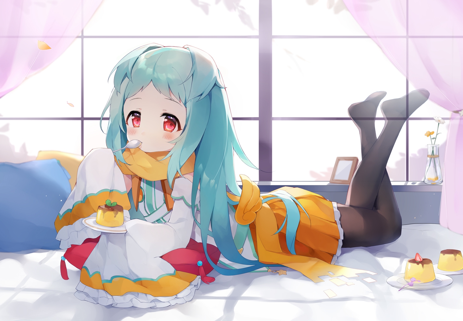 aqua_hair, bed, blush, flowers, food, izumo_miyako, loli, long_hair, pantyhose, princess_connect!, red_eyes, scarf, skirt, tagme_(artist)