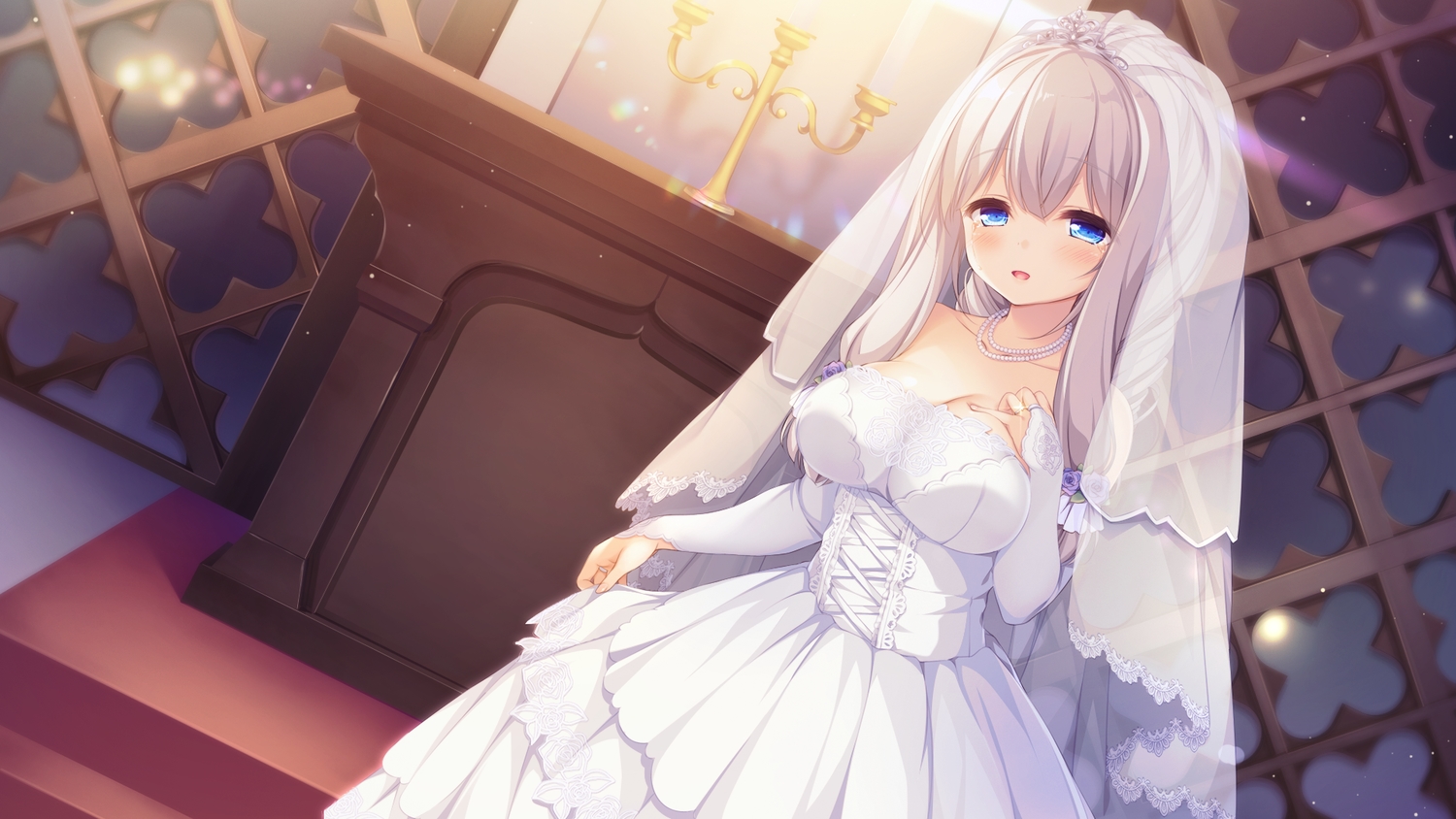 blue_eyes, game_cg, kimihara_yua, mikagami_mamizu, pieces/wataridori_no_somnium, wedding_attire, whirlpool, white_hair