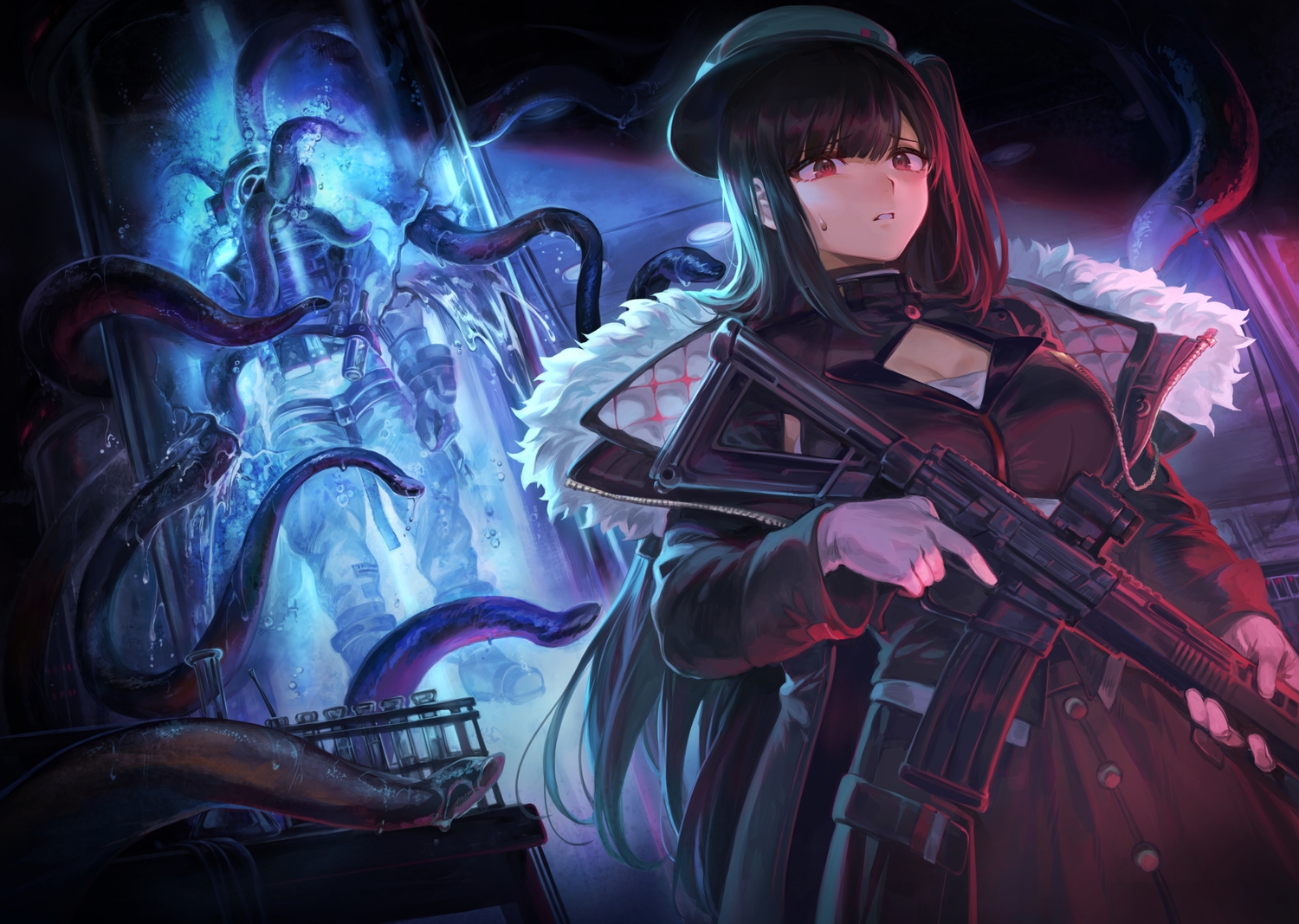 black_hair, breasts, cleavage, dress, gun, hat, mashu_003, original