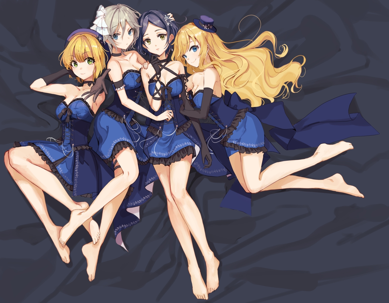anastasia_(idolmaster), bed, black_hair, blonde_hair, breasts, cleavage, gray_hair, group, hayami_kanade, idolmaster, idolmaster_cinderella_girls, long_hair, miyamoto_frederica, ootsuki_yui, rum_raisin_(chihiromakita19), short_hair, skirt