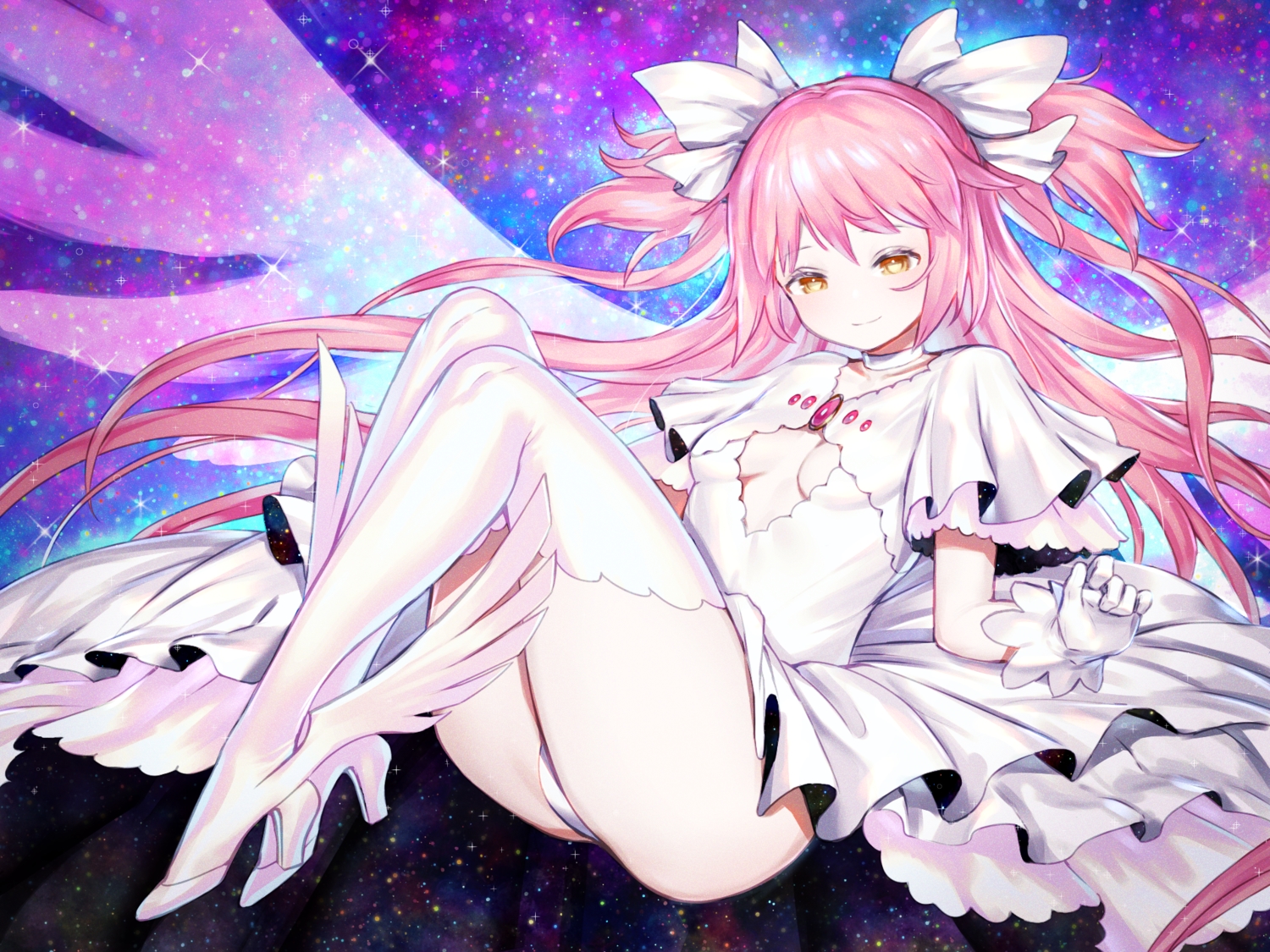 blush, brown_eyes, dress, gloves, ie_(_raarami_), kaname_madoka, long_hair, mahou_shoujo_madoka_magica