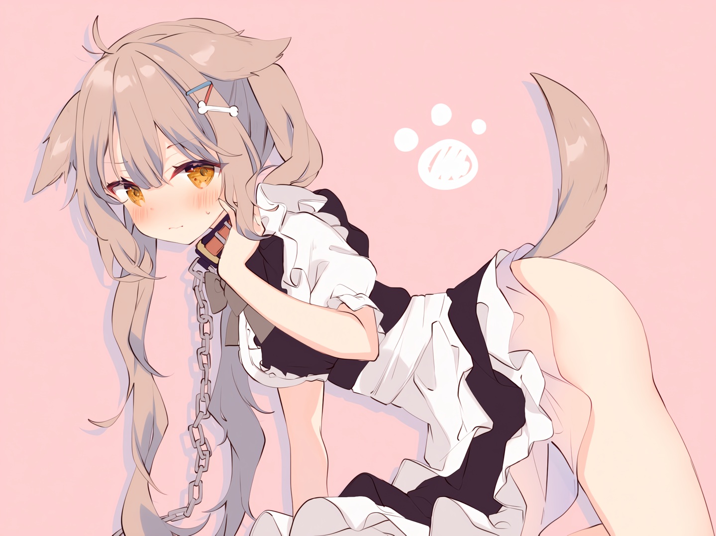 ana_(rznuscrf), animal_ears, ass, blush, bondage, bow, brown_hair, chain, collar, doggirl, long_hair, maid, orange_eyes, original, pink, tail, twintails, waifu2x