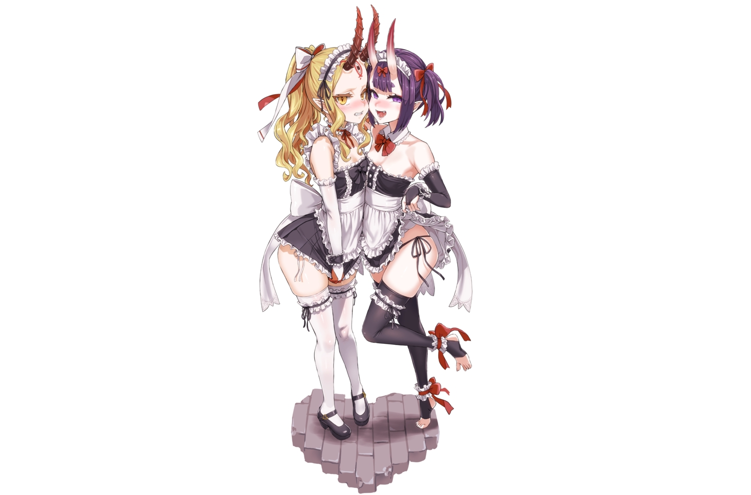 2girls, apron, asanagi, barefoot, blonde_hair, bow, choker, demon