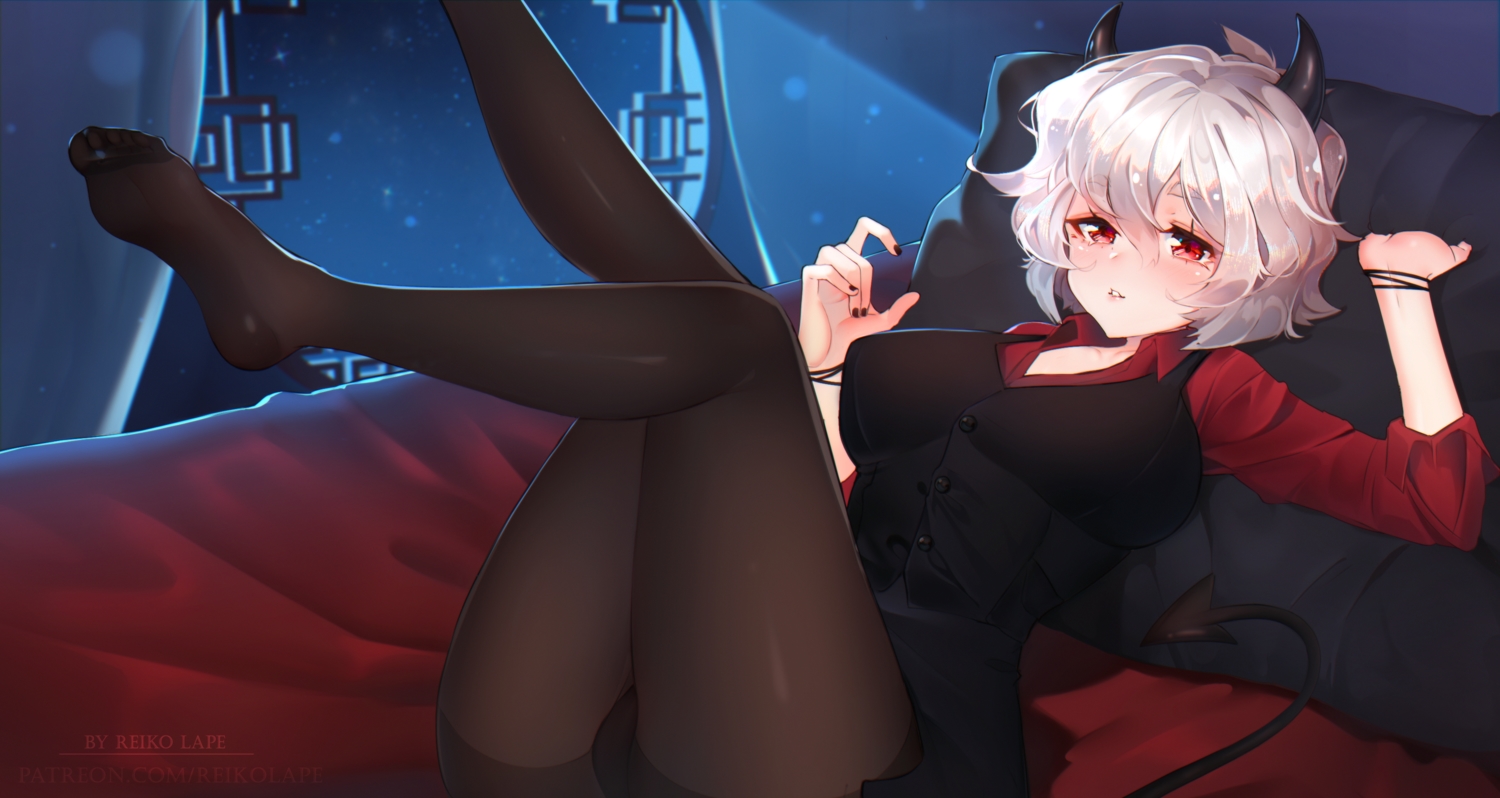 demon, helltaker, horns, malina_(helltaker), panties, pantyhose, red_eyes, reiko_lape, short_hair, tail, underwear, watermark, white_hair