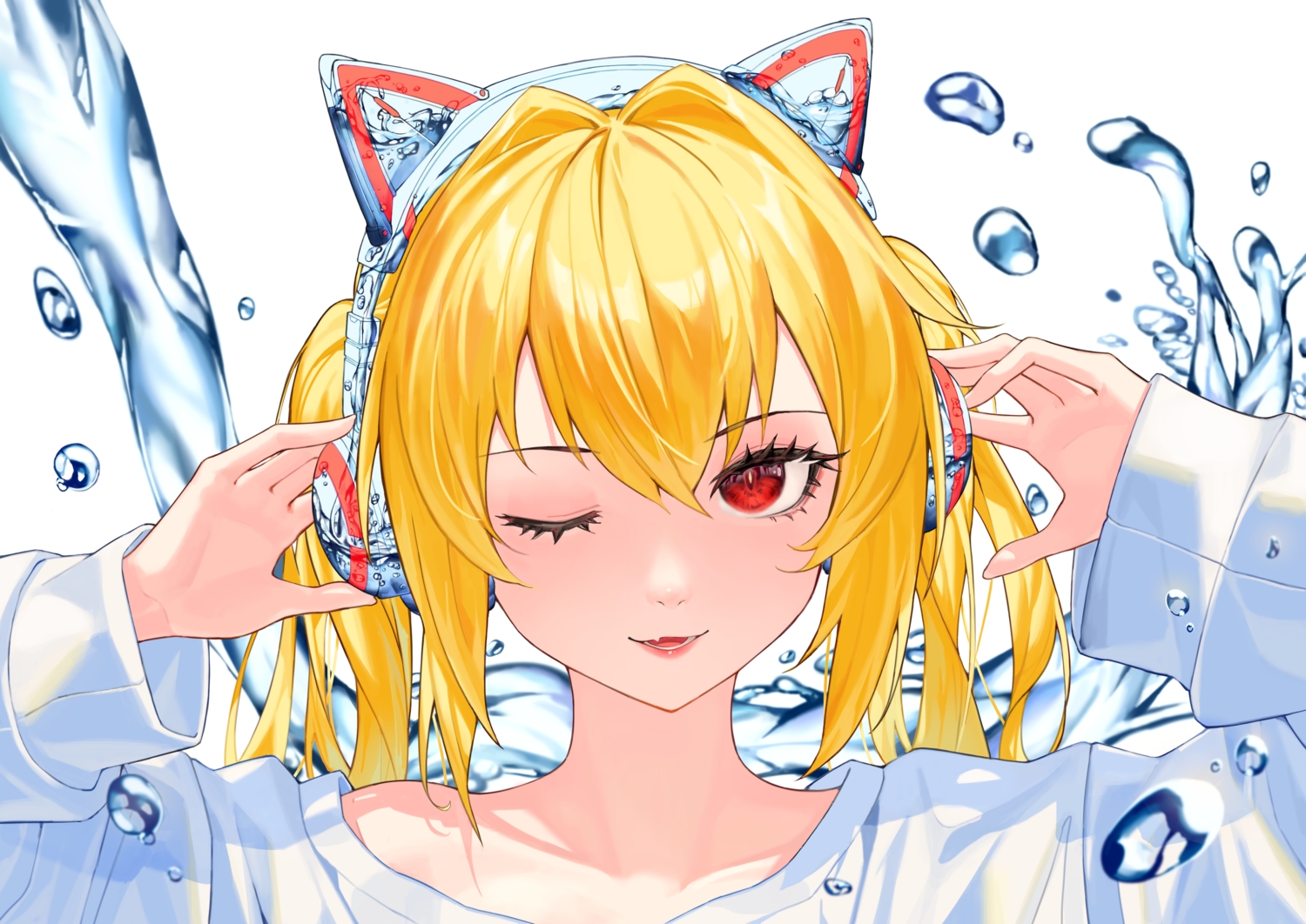 animal_ears, blonde_hair, blush, close, dl_(dl_6ix), fang, headphones, long_hair, original, red_eyes, twintails, water, wink