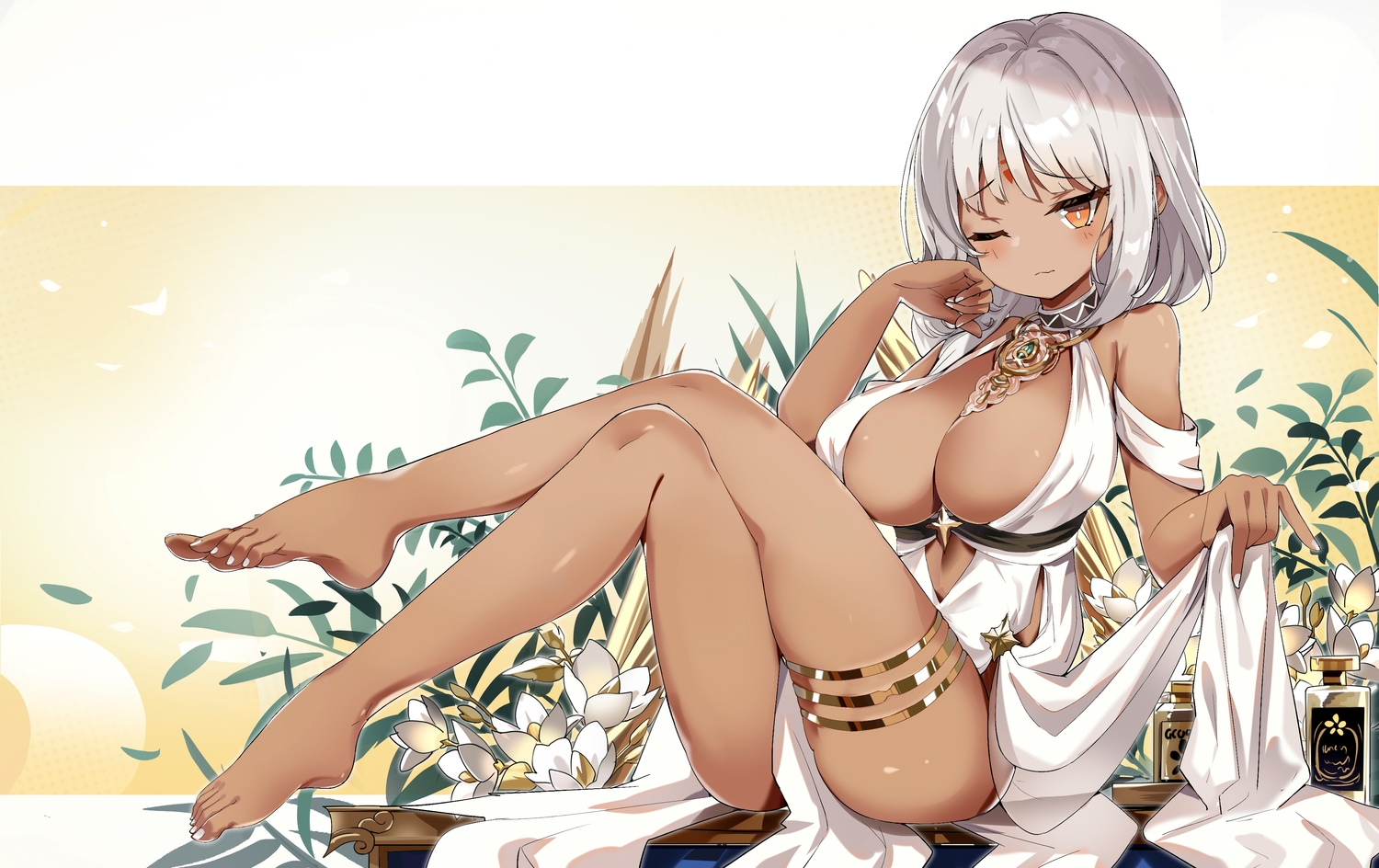 14c, aliasing, anthropomorphism, azur_lane, barefoot, blush, breasts, cleavage, dark_skin, dress, drink, flowers, gray_hair, jpeg_artifacts, long_hair, massachusetts_(azur_lane), no_bra, orange_eyes, wink