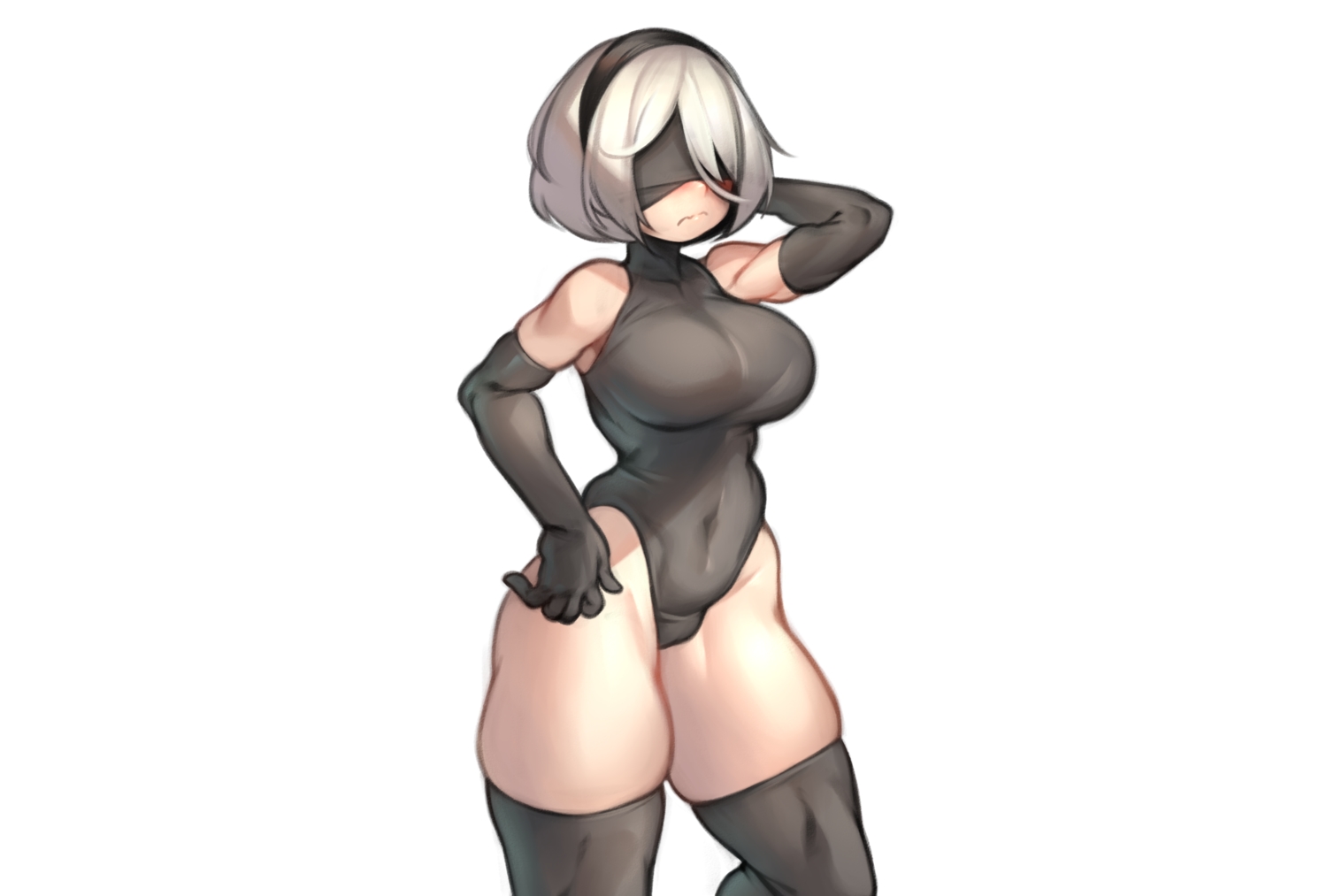 blindfold, breasts, cameltoe, elbow_gloves, gloves, gray_hair, headband, kelvin_hiu, leotard, nier, nier:_automata, short_hair, skintight, thighhighs, white, yorha_unit_no._2_type_b