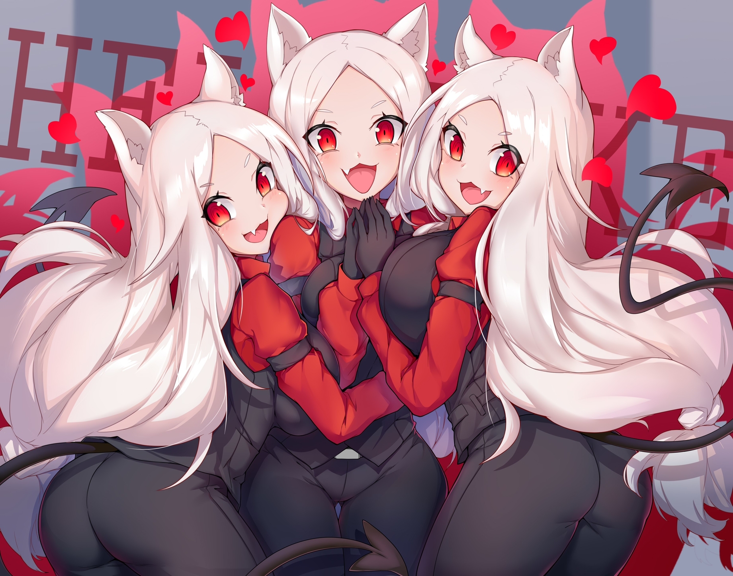 animal_ears, ass, blush, breast_hold, breasts, cat_smile, cerberus_(helltaker), demon, doggirl, fang, gloves, helltaker, long_hair, red_eyes, suit, tail, tie, white_hair, zeroblood