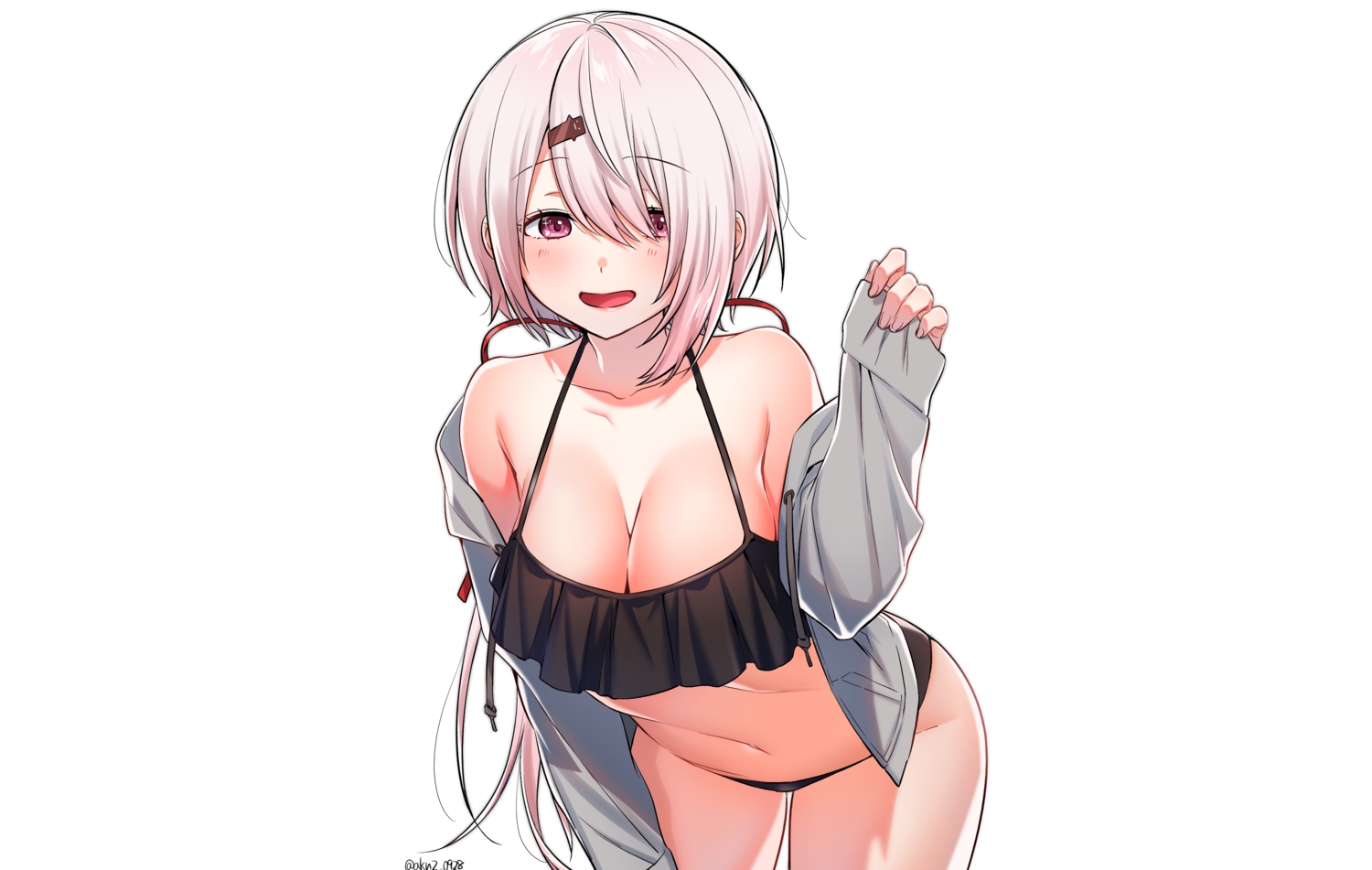 bikini, breasts, cleavage, hood, kujou_(akn2_0928), nijisanji, pink_eyes, pink_hair
