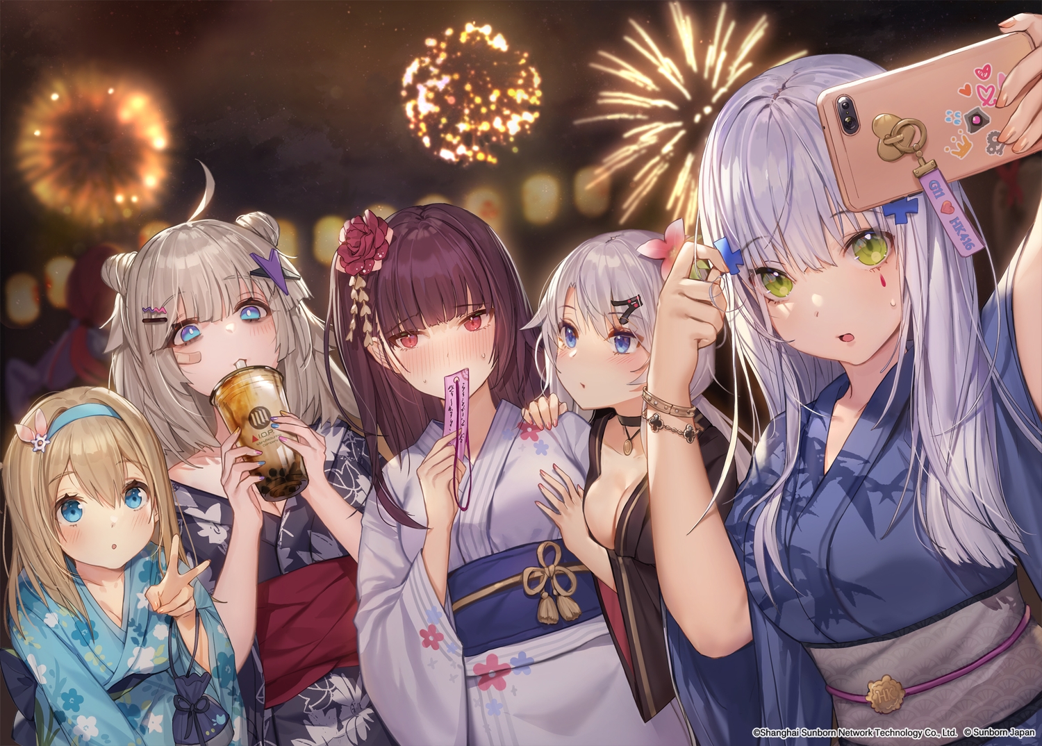 9a-91_(girls_frontline), aa-12_(girls_frontline), anthropomorphism, aqua_eyes, bandaid, blue_eyes, blush, breasts, brown_hair, camera, cat_smile, choker, cleavage, drink, fireworks, girls_frontline, gray_hair, green_eyes, group, headband, hk416_(girls_frontline), japanese_clothes, long_hair, phone, ponytail, purple_hair, red_eyes, short_hair, suomi_(girls_frontline), tattoo, wa2000_(girls_frontline), whoisshe, wristwear, yukata
