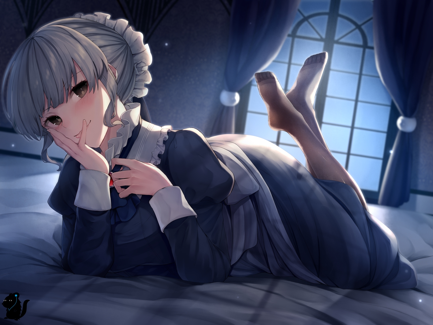 blush, brown_eyes, dress, gray_hair, guri1105, headdress, maid, original, pantyhose