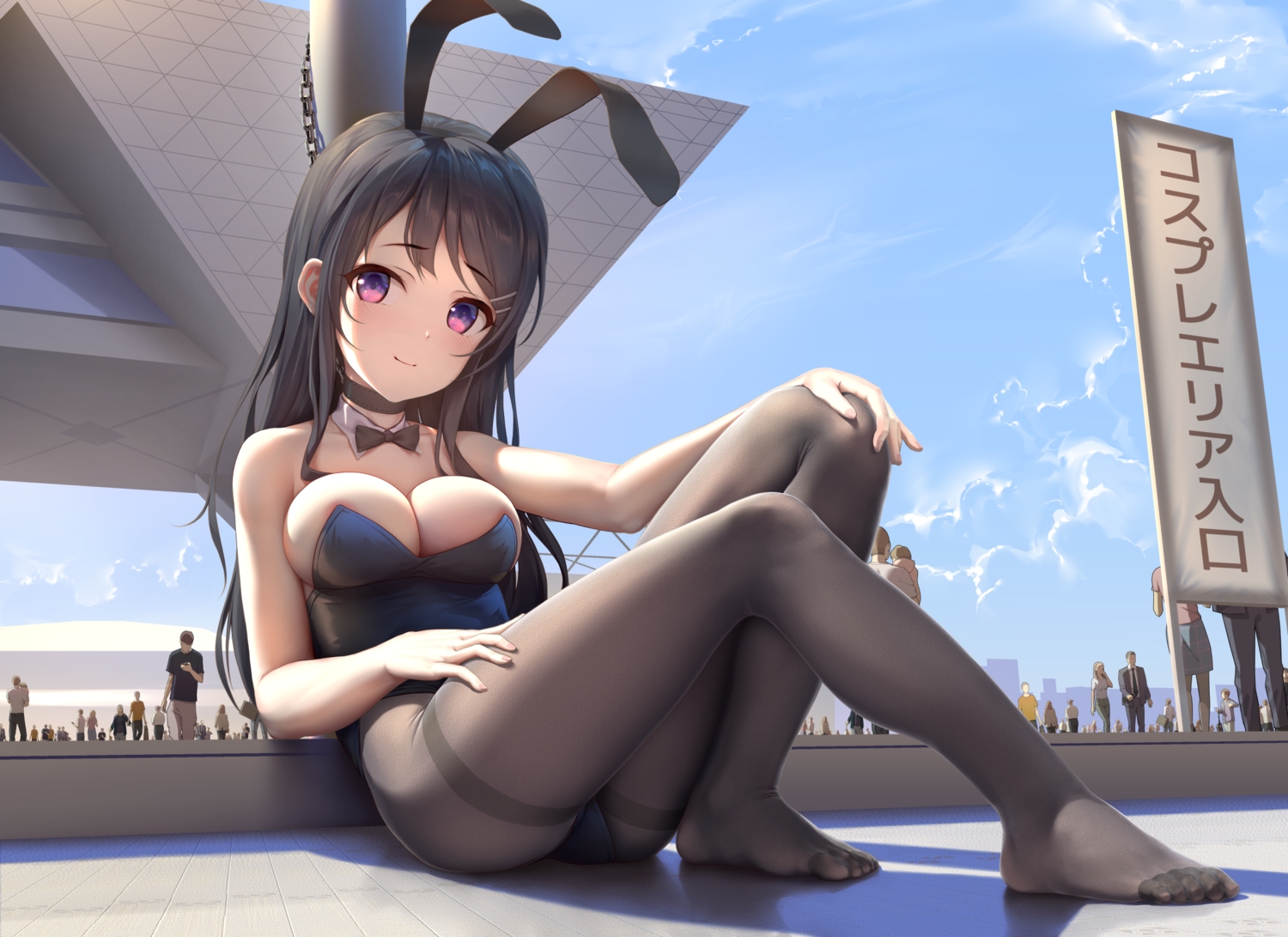 animal_ears, black_hair, bondage, breasts, bunny_ears, bunnygirl, cleavage, collar, himitsu_(hi_mi_tsu_2), leotard, long_hair, pantyhose, sakurajima_mai, seishun_buta_yarou
