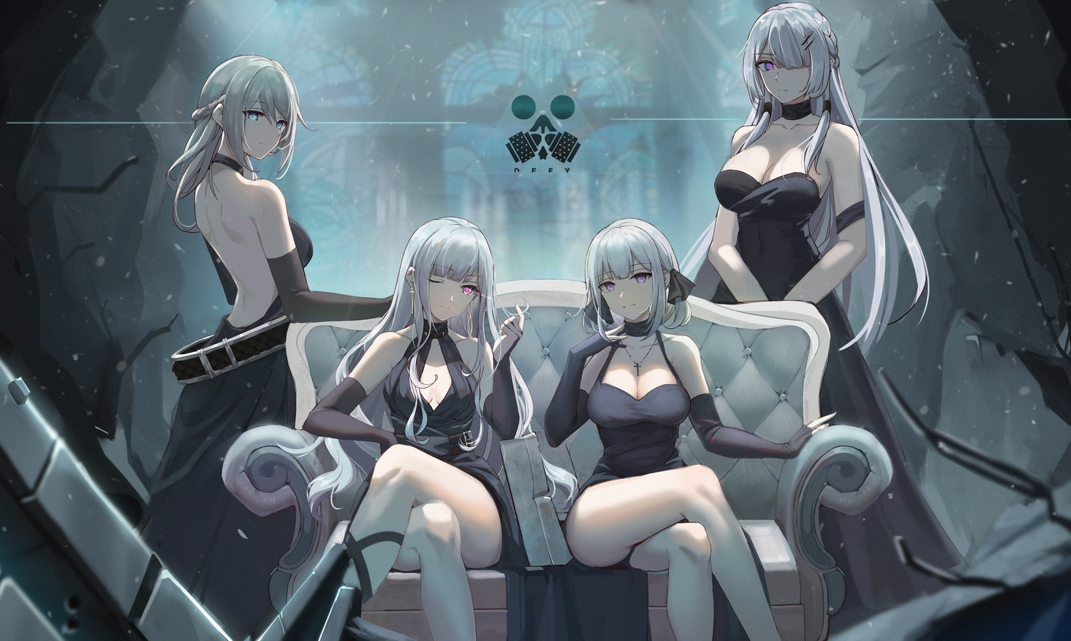 ak12_(girls_frontline), ak15_(girls_frontline), an94_(girls_frontline), anthropomorphism, braids, breasts, changpan_hutao, cleavage, couch, cross, dress, elbow_gloves, girls_frontline, gloves, gray_hair, green_eyes, group, long_hair, necklace, pink_eyes, purple_eyes, rpk-16_(girls_frontline), short_hair, wink